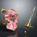 Pink Shield With Golden Accents And Shattered Design Alongside Glowing Golden Sword