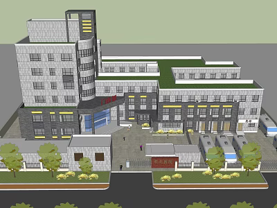 Modern Multi Story Building With Gray Exterior Green Roof Entrance Area And Surrounding Trees 3d model