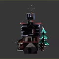 Cartoon Winter Cottage Scene With Red Blue Roof Snow Green Pine Trees And Weather Vane