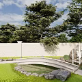 Garden Landscape Design With Winding Pathway Green Lawn Trees Water Features And White Wall