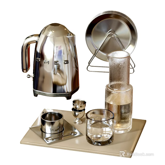 Stainless Steel Dinnerware Set With Electric Kettle Plate Glass Rack And Cups 3d model 