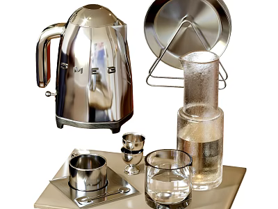 Stainless Steel Dinnerware Set With Electric Kettle Plate Glass Rack And Cups 3d model