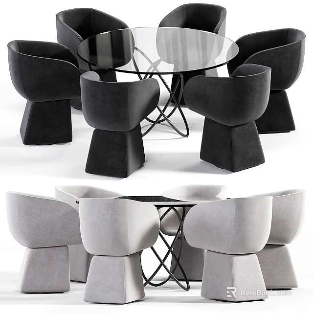 Modern Black and Gray Table Chair Set With Glass Top and Stylish Design Chairs 3d model 