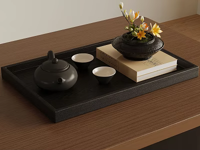Traditional Tea Tray Setup With Teapot Cups Book And Flower Vase 3d model