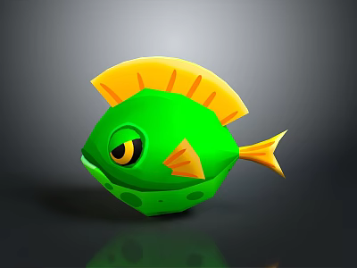 Cute Green Fish With Yellow Fins Tail And Big Eyes In Cartoon Style 3d model