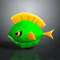 Cute Green Fish With Yellow Fins Tail And Big Eyes In Cartoon Style