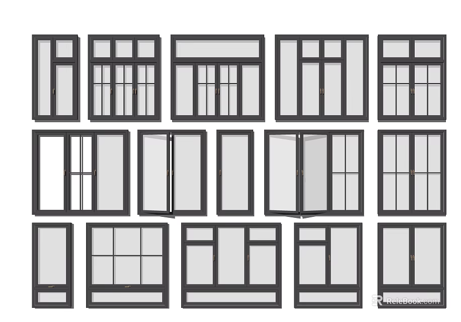 Various Window Frame Styles With Different Glass Panel Layouts 3d model