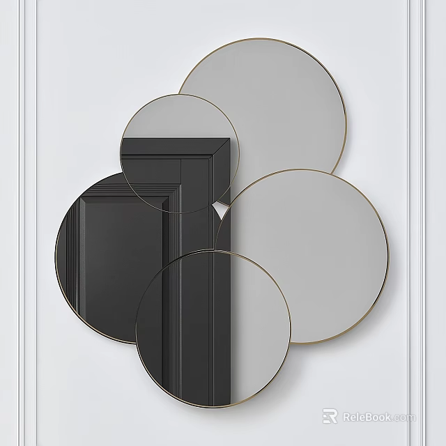 Circular Mirrors with Gold Frames Mounted on White Wall Near Black Door Frame 3d model