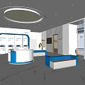 Modern Service Hall Interior With Reception Desk Blue Seating And Marble Floor