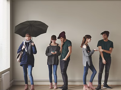 Group of people standing against wall holding black umbrella using smartphones and talking casually 3d model