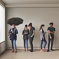 Group of people standing against wall holding black umbrella using smartphones and talking casually 3d model