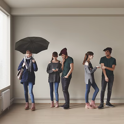 Group of people standing against wall holding black umbrella using smartphones and talking casually 3d model