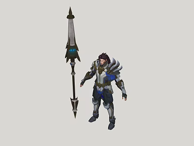 Fantasy Warrior Man in Blue Silver Armored Outfit With Spear and Shoulder Plates 3d model