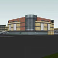 Modern Commercial Street With Modern Buildings Stone Paved Ground And Glass Railings