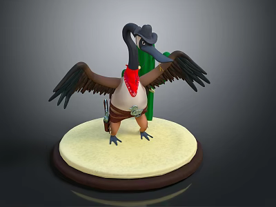 3D Bird Character In Cowboy Outfit With Red Scarf And Cactus On Round Base 3d model