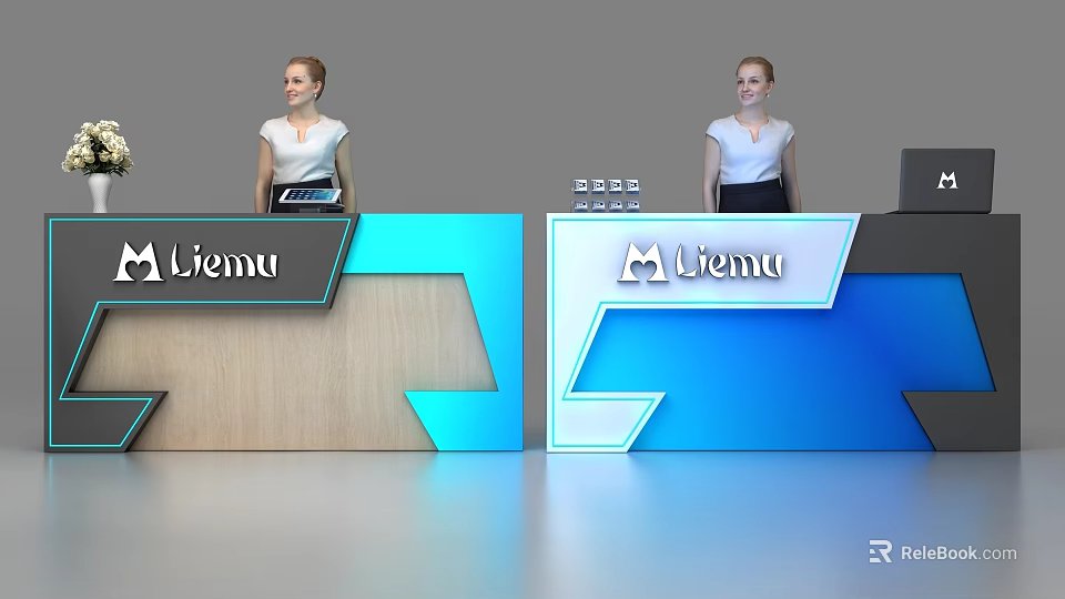 Modern Reception Desk Design With Blue Accents Wooden Panels And Menu Logo 3d model 
