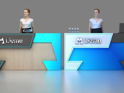 Modern Reception Desk Design With Blue Accents Wooden Panels And Menu Logo 3d model