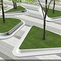 Modern Geometric White Tree Planters With Grass And Trees On Slate Paved Ground 3d model