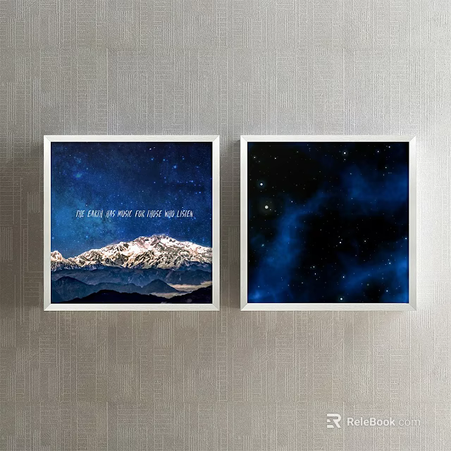 Double Framed Landscape Paintings With Snowy Mountains Text And Starry Sky 3d model