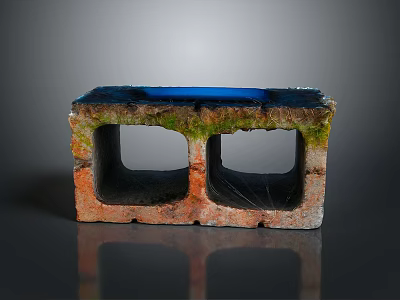 Weathered Red Brick With Two Rectangular Holes Green Moss And Blue Top Surface 3d model