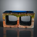 Weathered Red Brick With Two Rectangular Holes Green Moss And Blue Top Surface