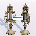 Ornate Decorative Ornament Set With Symmetric Gothic Architectural Candle Holders And Metallic Base
