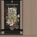Terracotta Vase With Pink Blooms And Green Foliage On Black Shelf In Modern Interior