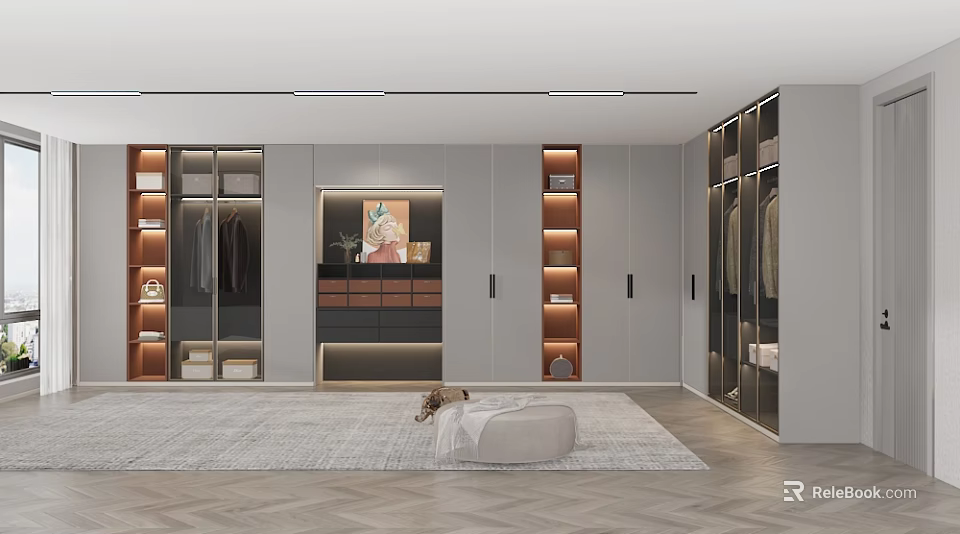 Modern Walk In Closet Interior With Lighting Storage And Decor 3d model