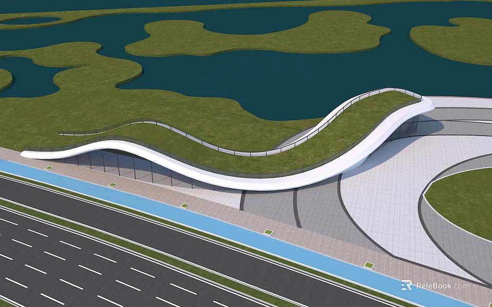 Contemporary Wavy Architecture With Green Roof Design Near Road And Water Area 3d model 