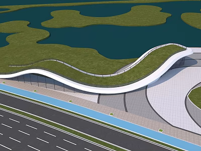 Contemporary Wavy Architecture With Green Roof Design Near Road And Water Area 3d model
