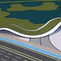 Contemporary Wavy Architecture With Green Roof Design Near Road And Water Area