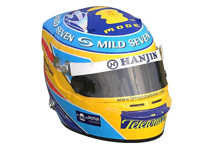 Racing Helmet With Colorful Blue Yellow Red Design And Mild Seven Hanjin Telefonica Logos 3d model