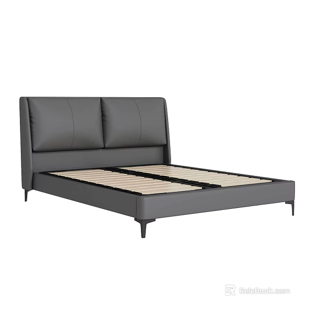 Modern Gray Upholstered Double Bed With Padded Headboard And Black Metal Legs Wooden Slats 3d model 