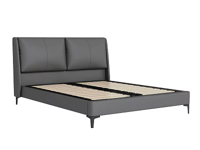 Modern Gray Upholstered Double Bed With Padded Headboard And Black Metal Legs Wooden Slats 3d model