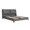 Modern Gray Upholstered Double Bed With Padded Headboard And Black Metal Legs Wooden Slats