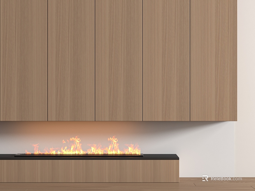 Modern Linear Fireplace Interior Design With Wooden Cabinets And Burning Flames 3d model 