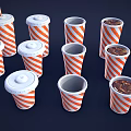 Red And White Striped Paper Cups With Lids Straws Containing Various Colored Drinks 3d model
