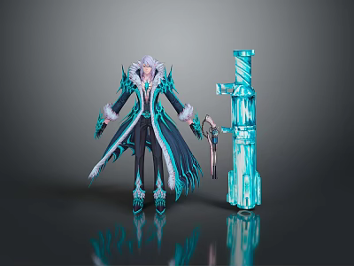 Fantasy Themed Action Figure With Blue White Icy Crystal Costume And Weapon Accessory 3d model