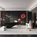 Modern Office Interior With Black Walls Red Circular Decor Green Plant Black Desk And Chairs