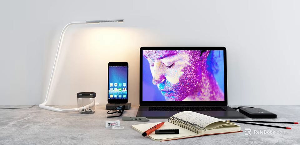 Modern Laptop Workspace Setup With Smartphone Desk Lamp Notebook And Pen On Table 3d model 