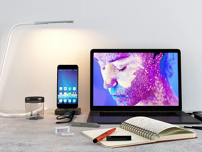 Modern Laptop Workspace Setup With Smartphone Desk Lamp Notebook And Pen On Table 3d model