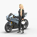 Light Blue Motorcycle With Blonde Woman Holding White Helmet In Black Form Fitting Suit