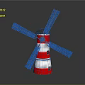 Decorative Windmill Model With Wooden Blades And Red White Striped Tower