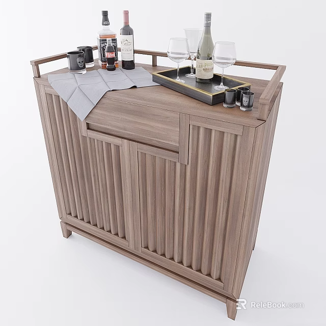 Rustic Wooden Cabinet With Vertical Slat Design And Wine Glasses Camera Tray 3d model 
