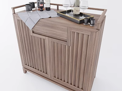 Rustic Wooden Cabinet With Vertical Slat Design And Wine Glasses Camera Tray 3d model