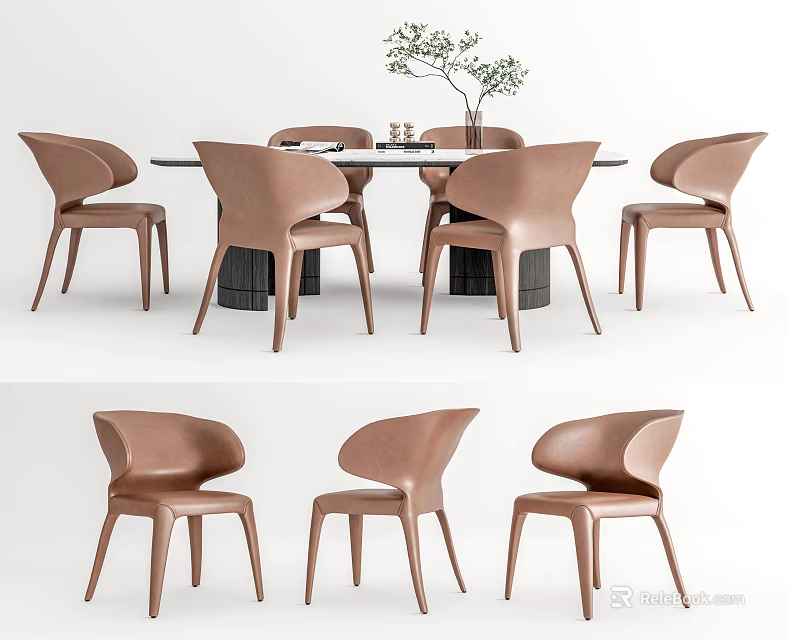 Dining Table Set With Modern Brown Chairs And Vase With Plant 3d model