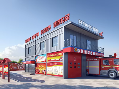 Two Story Red Fire Station Building Exterior With Parked Fire Truck 3d model