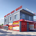 Two Story Red Fire Station Building Exterior With Parked Fire Truck
