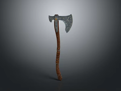 Medieval Battle Axe With Metal Head And Wooden Textured Handle 3d model