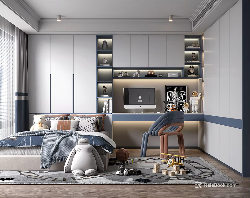 Tatami Bedroom with Storage Cabinets Computer Desk and Soft Decorative Items 3d model 